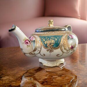 Antique Hand Painted Pink Rose Gilded Nippon Teal Teapot